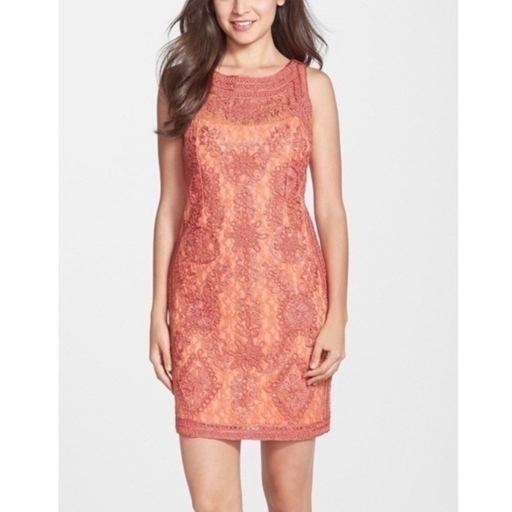 JS Collections Melon “Soutache & Lace” Sheath Mini Dress Size 8 Coral